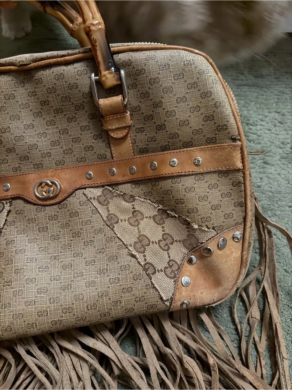 Custom Gucci Brown GG Canvas Bamboo-Handle Fringe Satchel